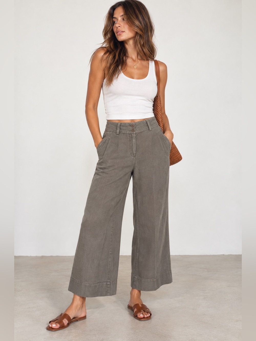 Poetry 100% Linen Wide Leg Pants Taupe Gray Size US 6